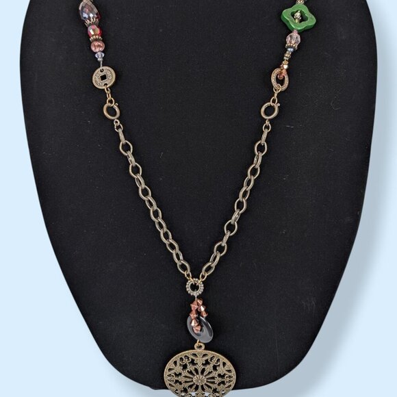 V. Brass Tone Beaded Adjustable Necklace - Picture 2 of 5